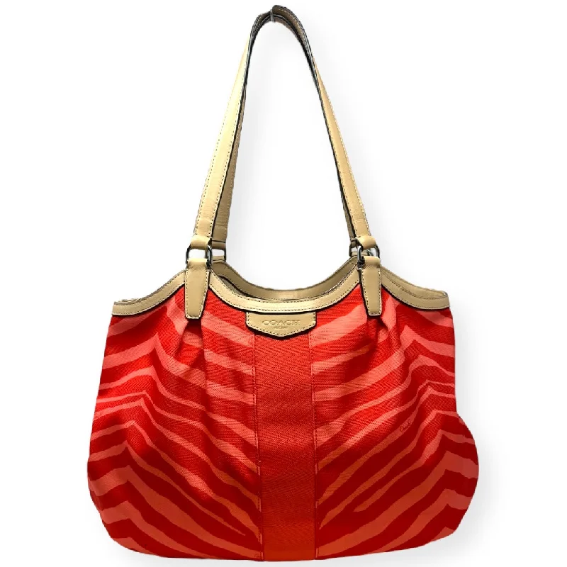 Devin Shoulder Bag in Signature Stripe Zebra Print Hot Orange/Tan Designer Coach, Size Large