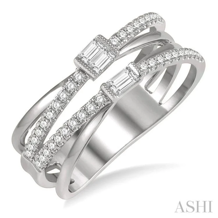 3/8 ctw Cris-Cross Baguette and Round Diamond Fashion Ring in 14K White Gold