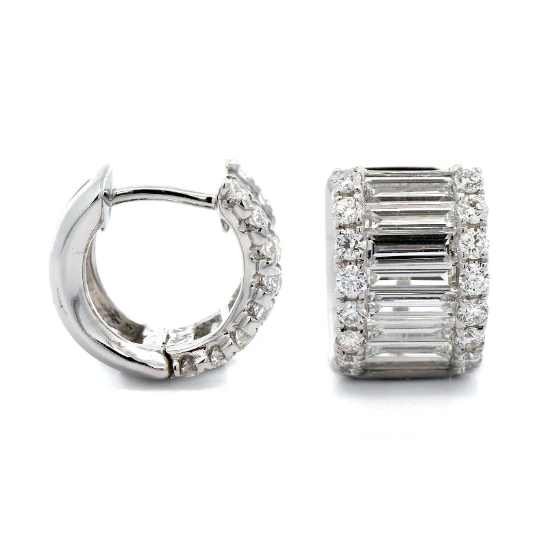 18K White Gold Baguette and Round Diamond Huggie Earrings