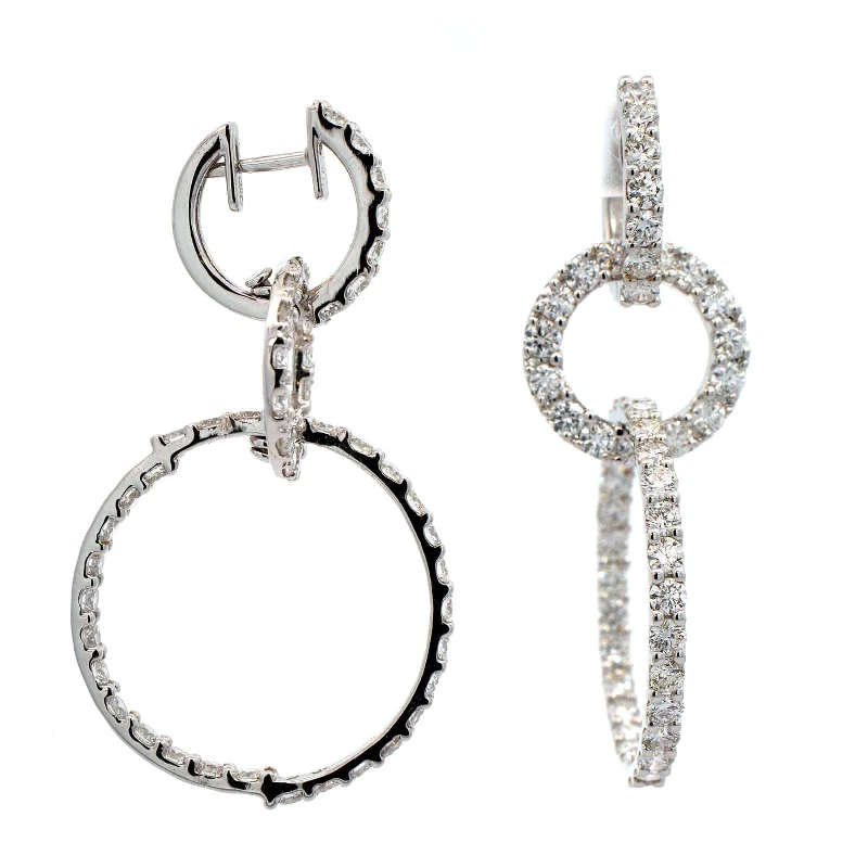 18K White Gold Round Diamond Dangle Hoop Earrings