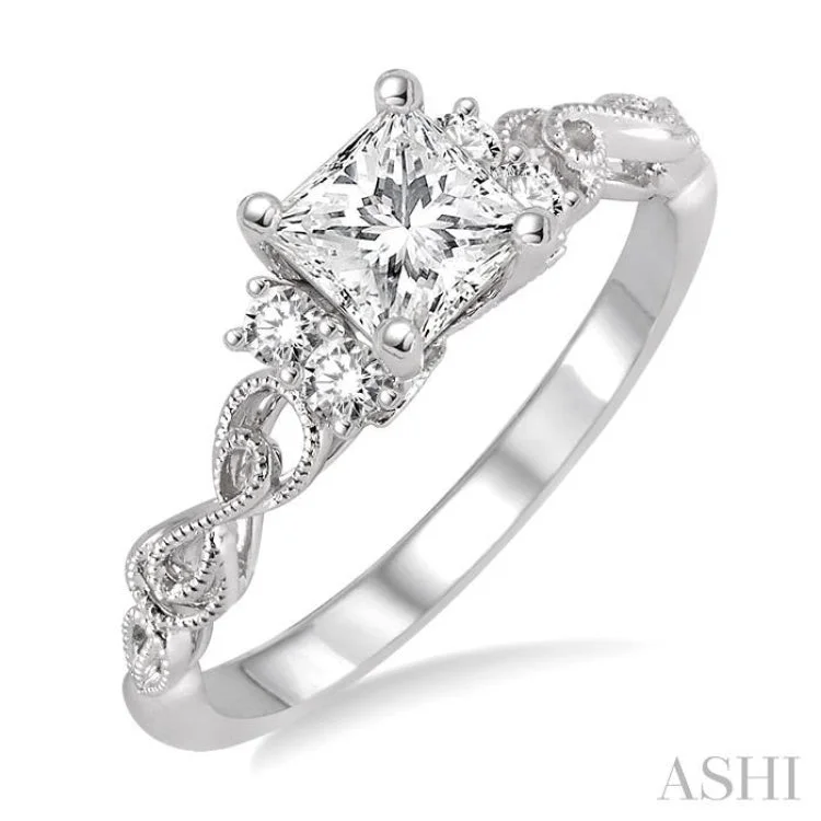 1/2 Ctw Diamond Engagement Ring with 1/3 Ct Princess Cut Center Stone in 14K White Gold