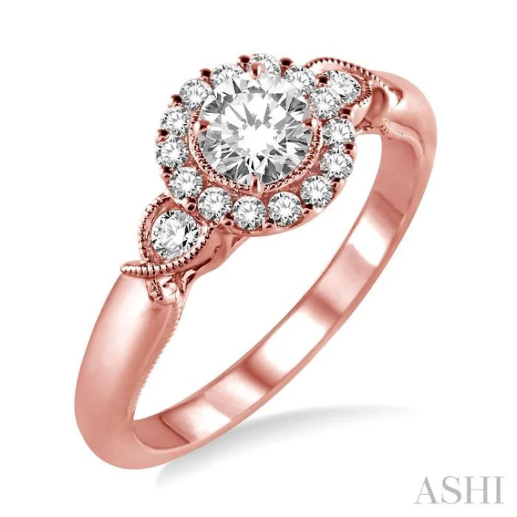 1/2 Ctw Diamond Engagement Ring with 1/5 Ct Round Cut Center Stone in 14K Rose Gold