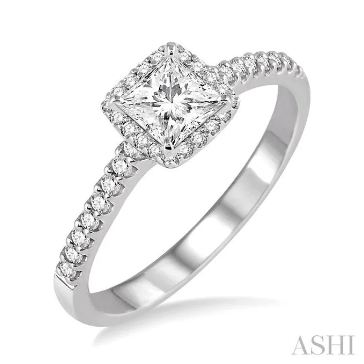 3/8 Ctw Diamond Engagement Ring with 1/5 Ct Princess Cut Center stone in 14K White Gold