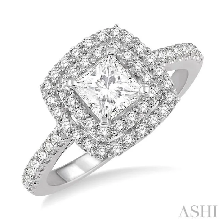 1/2 Ctw Princess & Round Cut Diamond Ladies Engagement Ring with 1/4 Ct Princess Cut Center Stone in 14K White Gold