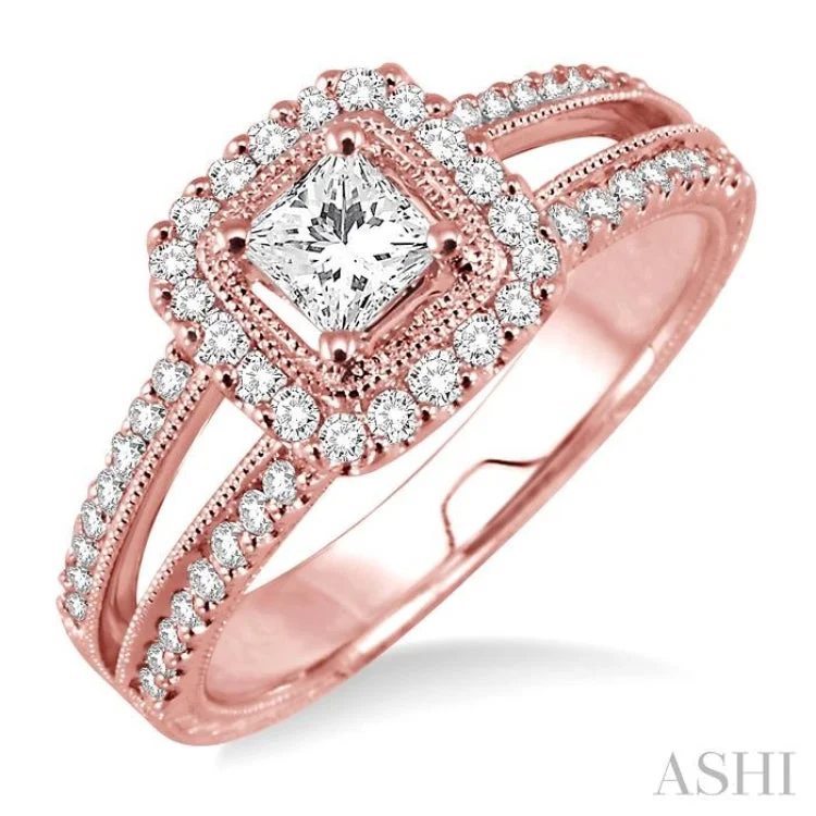 3/4 Ctw Diamond Engagement Ring with 1/3 Ct Princess Cut Center Stone in 14K Rose Gold