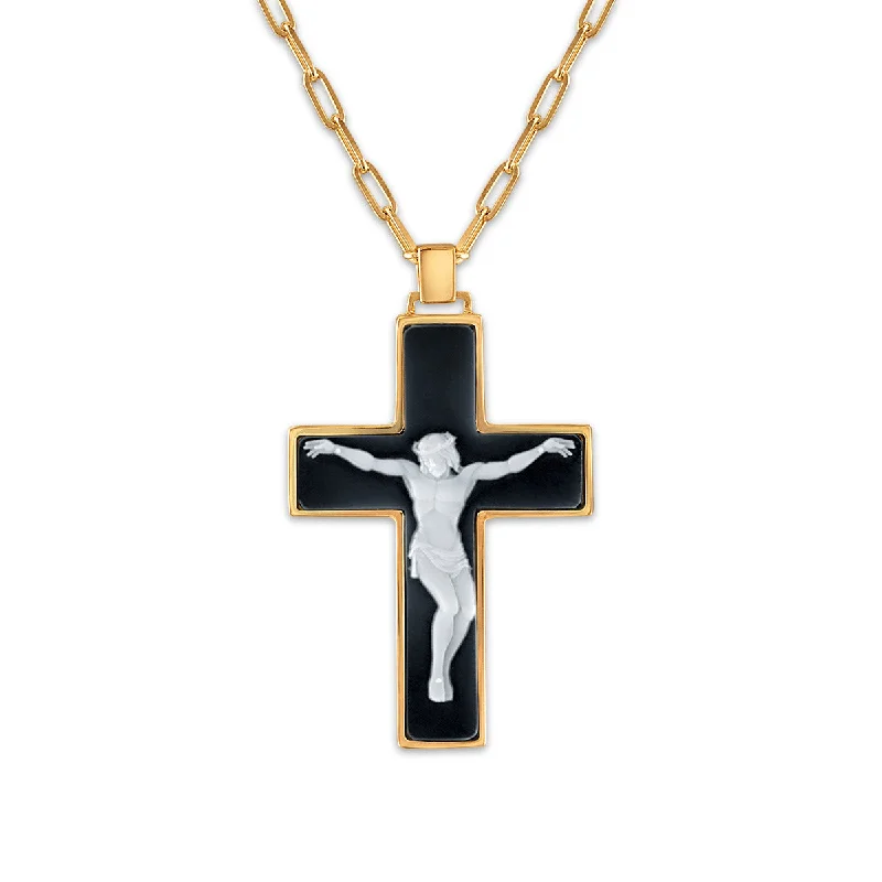 Frank Ronay Collection Black Agate 44X32MM 30-inch Crucifix Pendant in 18KT Yellow Gold Plated Sterling Silver