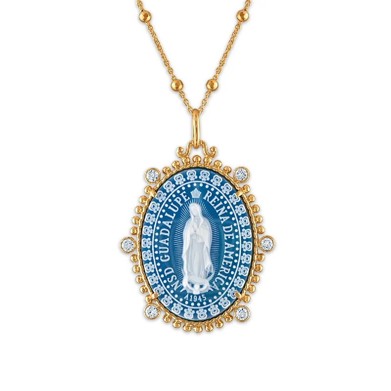 Frank Ronay Collection Blue Agate and Cubic Zirconia 30X23MM 26-inch Guadalupe Pendant in 18KT Yellow Gold Plated Sterling Silver