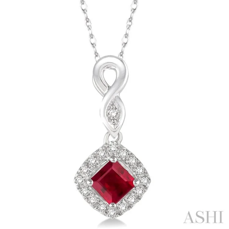 4x4 MM Cushion Shape Ruby and 1/10 Ctw Round Cut Diamond Pendant in 14K White Gold with Chain