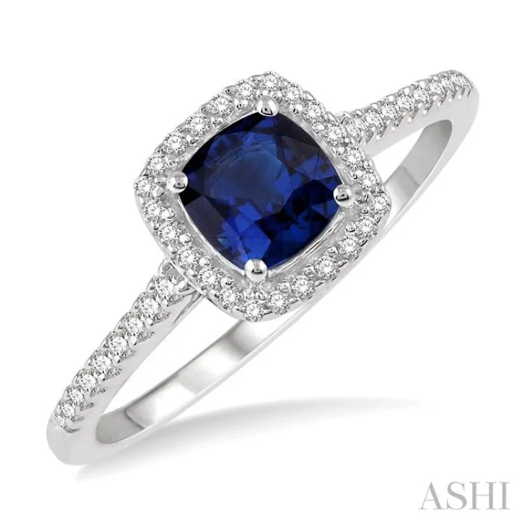 1/5 Ctw Cushion Shape 5x5mm Sapphire & Round Cut Diamond Precious Ring in 10K White Gold