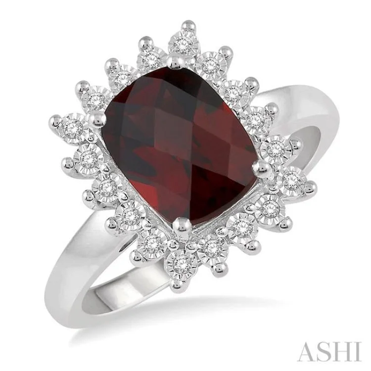 1/10 Ctw Cushion Shape 8x6mm Garnet & Round Cut Diamond Semi Precious Ring in 10K White Gold