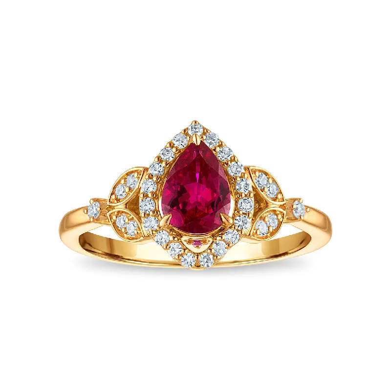 LoveSong EcoLove Pear Ruby and Diamond Halo Ring in 10KT Yellow Gold