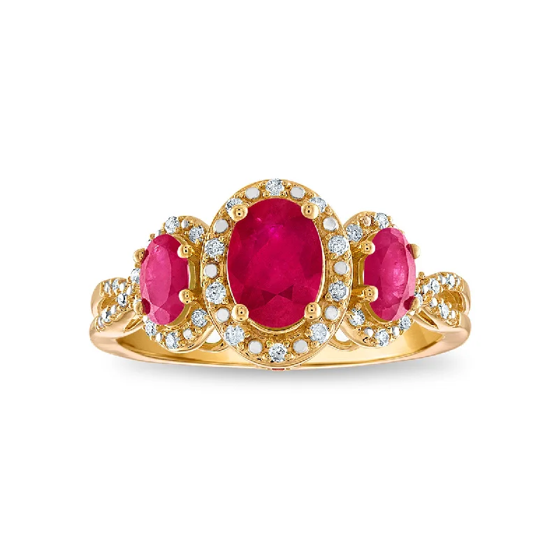 LoveSong Oval Ruby and Diamond Three Stone Ring in 10KT Yellow Gold