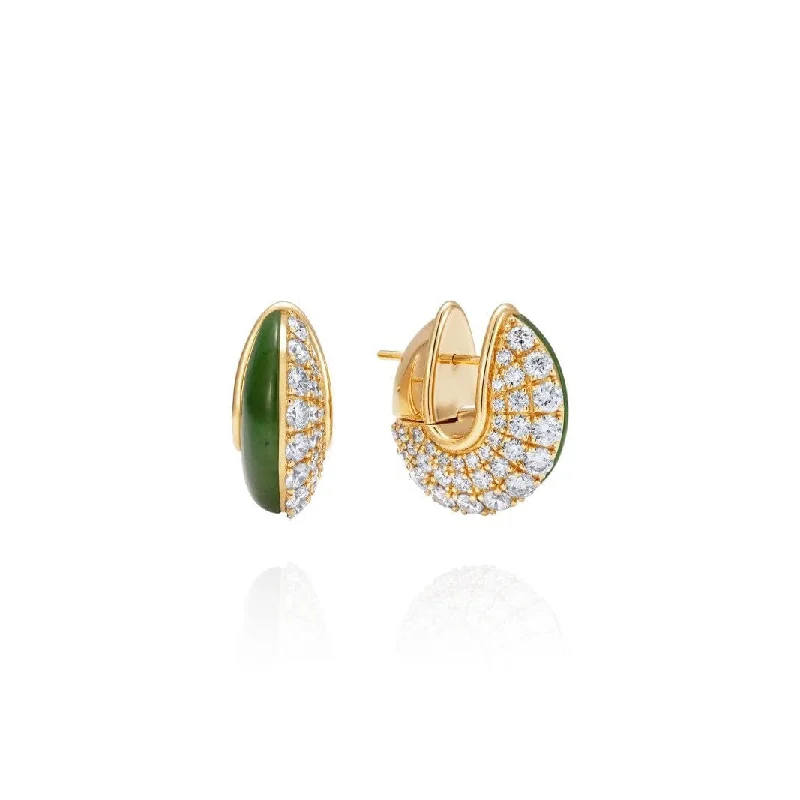 18K Yellow Gold Diamond and Nephrite Jade Fluid Huggie Earrings