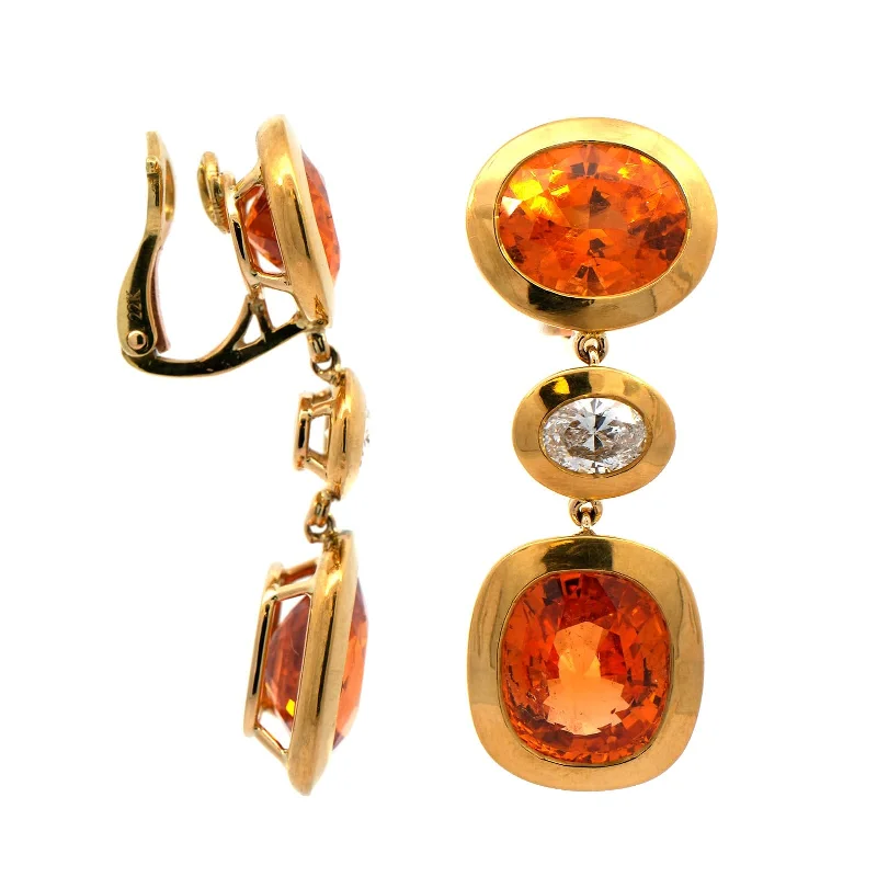 22K Yellow Gold Mandarin Garnet and Diamond Drop Earrings