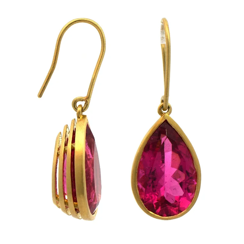 18K Yellow Gold Pear Shaped Rubellite Earrings