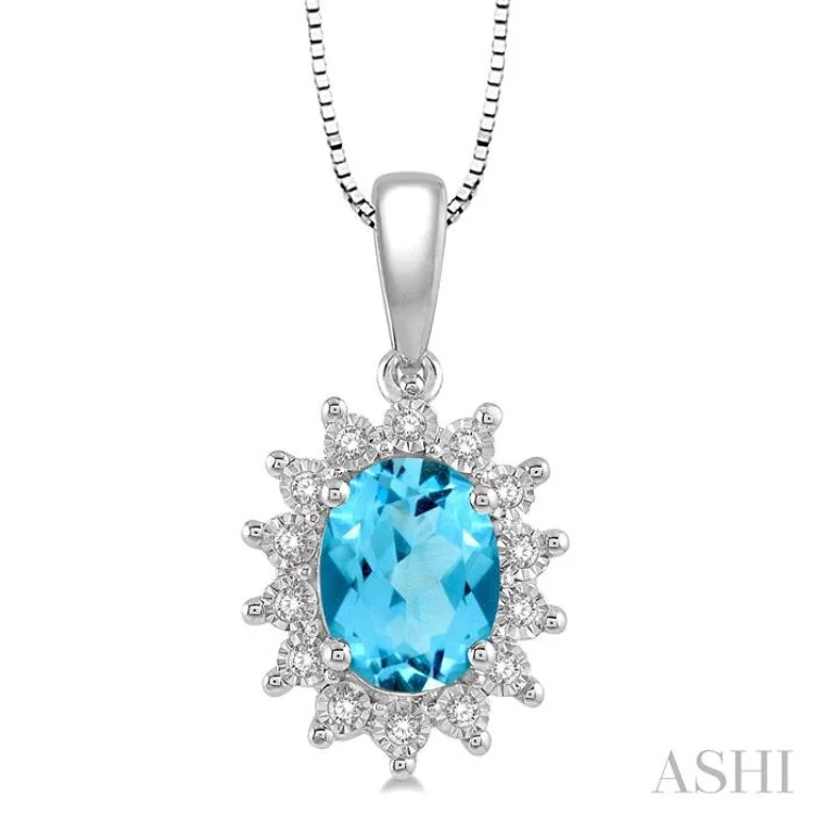 1/10 Ctw Oval Shape 8x6 MM Blue Topaz & Round Cut Diamond Semi Precious Pendant in 10K White Gold