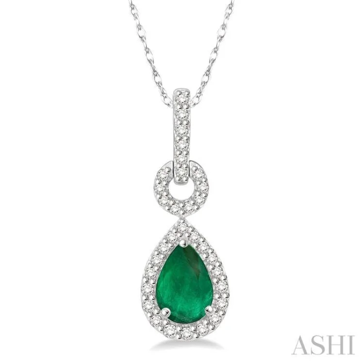 1/6 Ctw Round Cut Diamond and Pear Cut 6x4 MM Emerald Drop Precious Pendant in 10K White Gold with chain