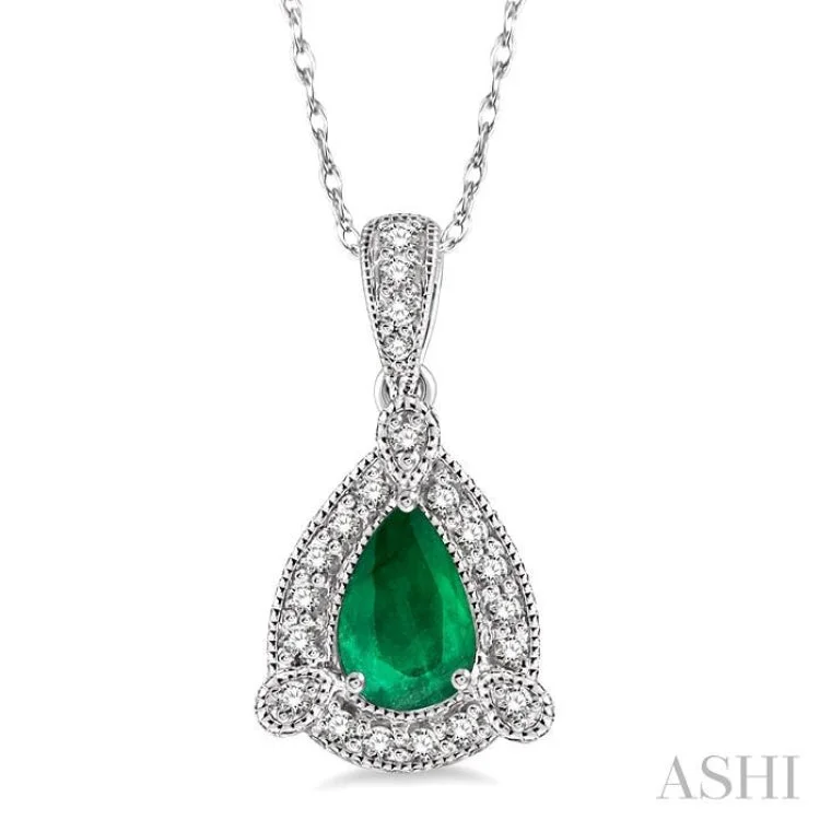 6x4  MM Pear Shape Emerald and 1/10 Ctw Round Cut Diamond Pendant in 14K White Gold with Chain