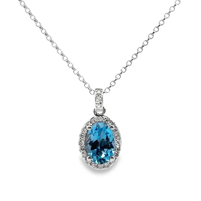 White Gold Blue Topaz and Diamond Halo Pendant