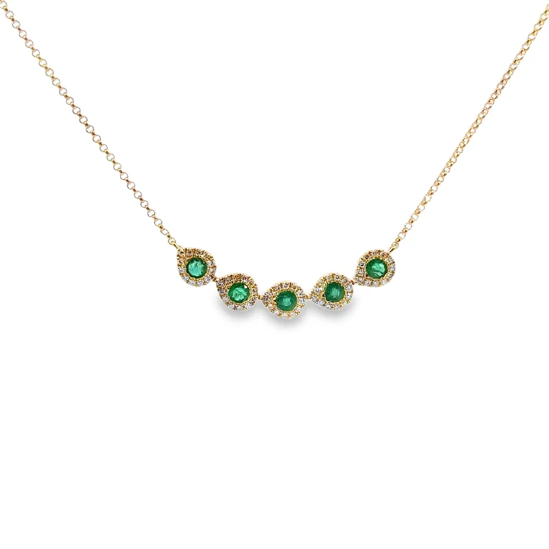 Yellow Gold Emerald and Diamond Halo Necklace