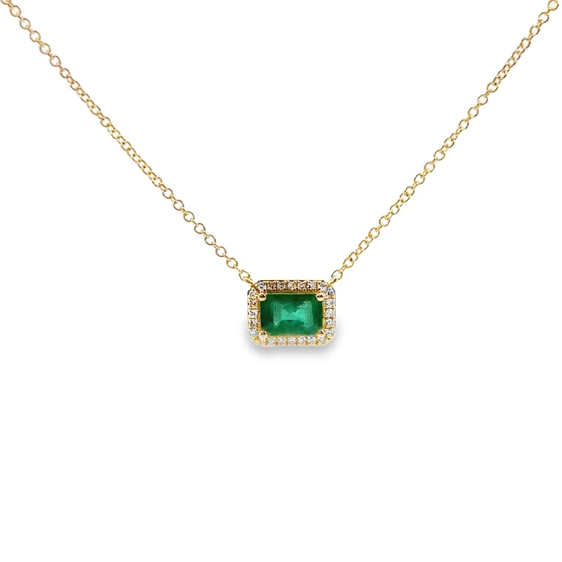 Yellow Gold Emerald and Diamond Halo Necklace