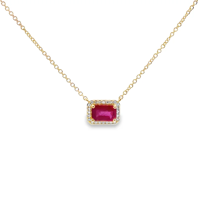 Yellow Gold Ruby and Diamond Halo Necklace