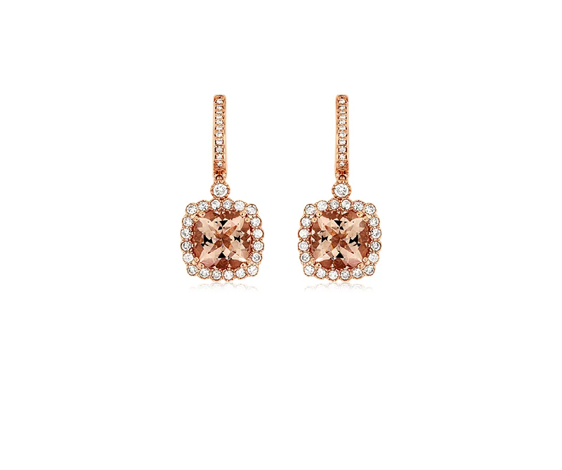 Sabel Collection Rose Gold Cushion Morganite and Diamond Halo Earrings