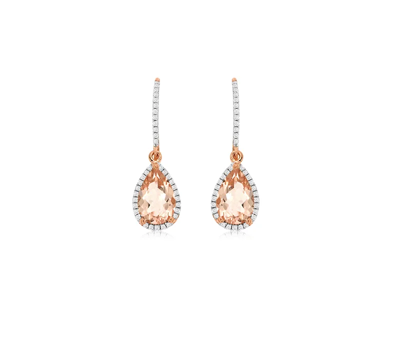 Sabel Collection Rose Gold Pear Morganite and Diamond Halo Earrings