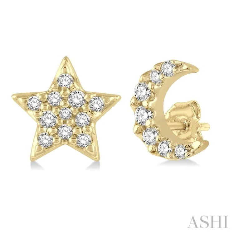 1/10 Ctw Star & Crescent Mix Round Cut Diamond Petite Fashion Earring in 10K Yellow Gold