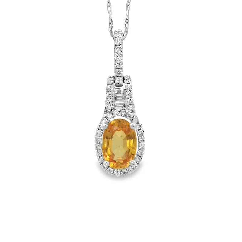 White Gold Orange Sapphire and Diamond Halo Pendant