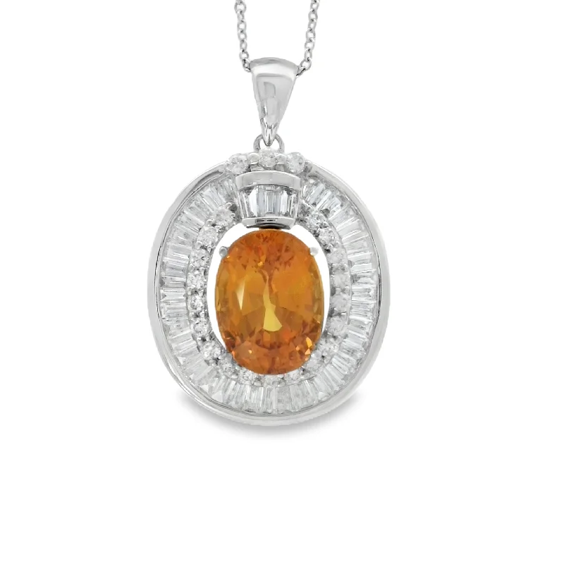 White Gold Orange Sapphire and Diamond Halo Pendant