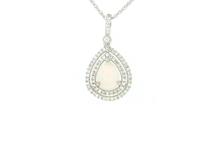 Sabel Collection White Gold Pear Opal and Diamond Double Halo Pendant