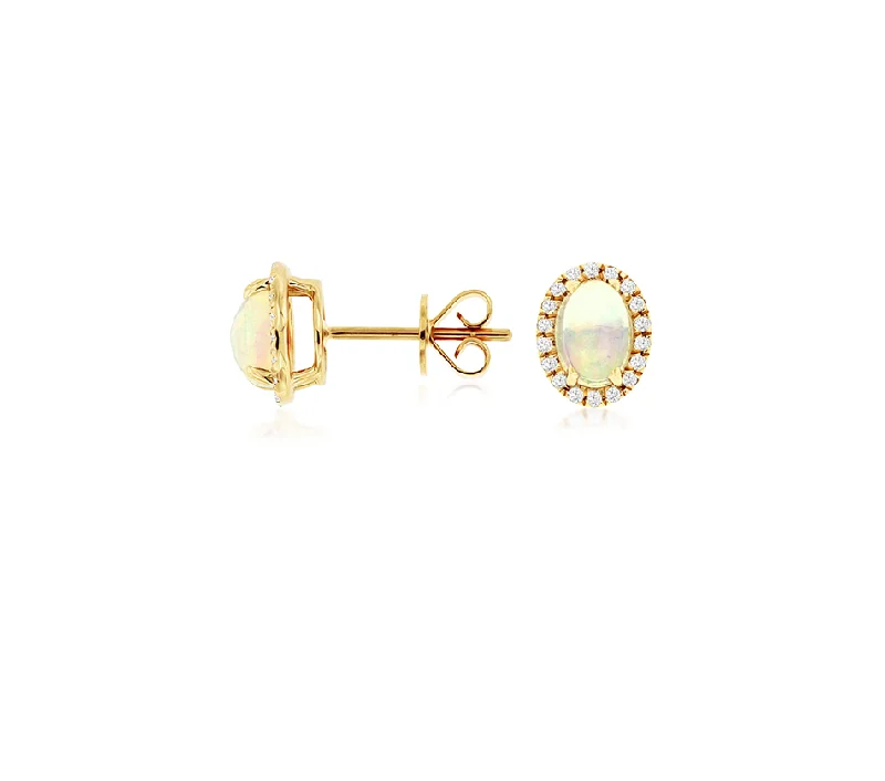 Sabel Collection Yellow Gold Oval Opal and Diamond Halo Earrings