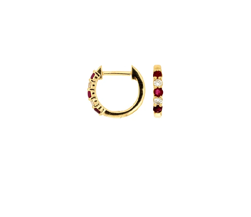 Sabel Collection Yellow Gold Round Ruby and Diamond Huggie Earrings