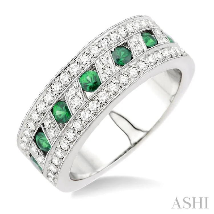 5/8 Ctw Round Cut Diamond and 2.6mm Round Cut Emerald Band in 18K White Gold