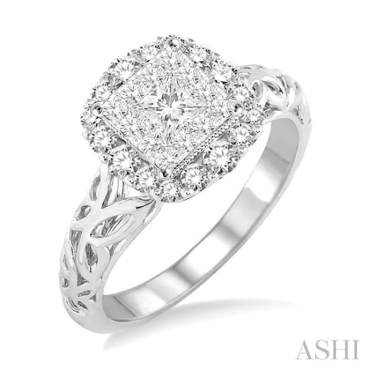 3/4 Ctw Diamond Lovebright Vintage Lattice Engagement Ring in 14K White Gold