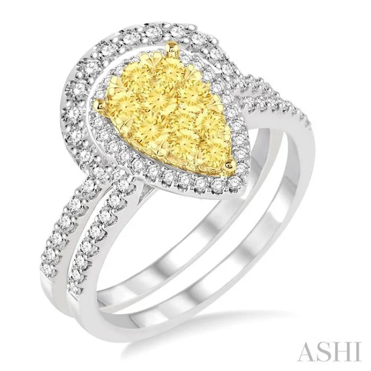 1 Ctw Pear Shape White and Yellow Diamond Lovebright Wedding Set with 3/4 Ctw Engagement Ring and 1/4 Ctw Wedding Band in 14K White and Yellow Gold