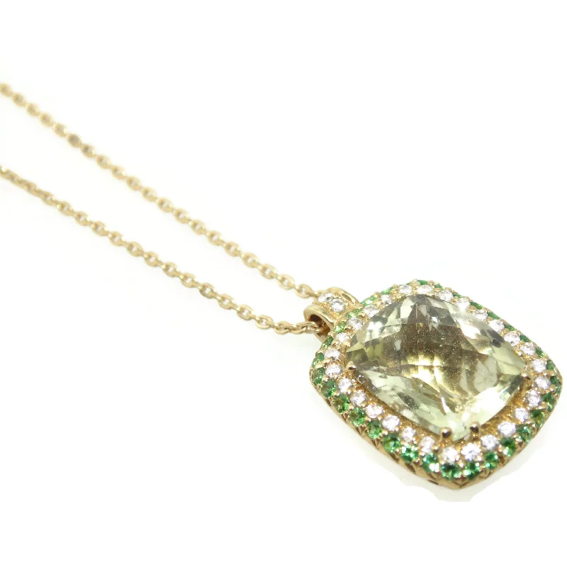 14k Yellow Gold Halo Diamonds Lemon Quartz Pendant With Chain Necklace