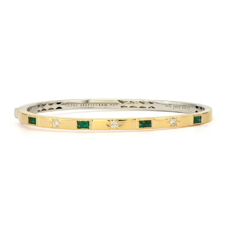 Baguette Emerald & Round Diamond Two Tone Bangle