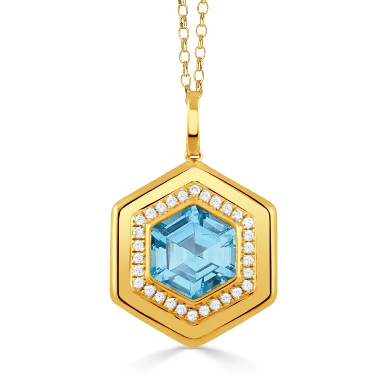 Blue Topaz & Diamond Hexagon 18K Yellow Gold Pendant Necklace