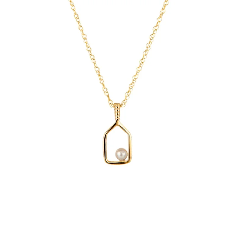 Pearl Pickleball Paddle 14K Yellow Gold Pendant Necklace