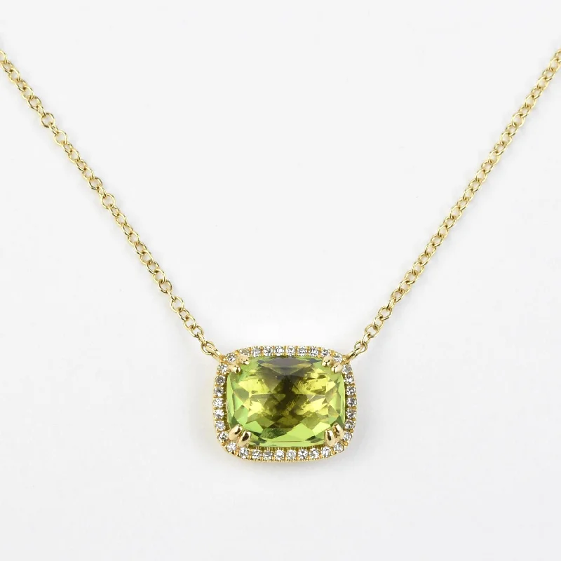 Peridot and Diamond Halo Necklace in Yellow Gold