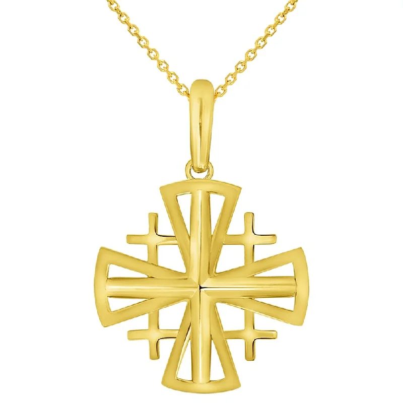 14k Yellow Gold Christian Crusaders Jerusalem Cross Pendant with Rolo Cable, Cuban Curb, or Figaro Chain Necklace