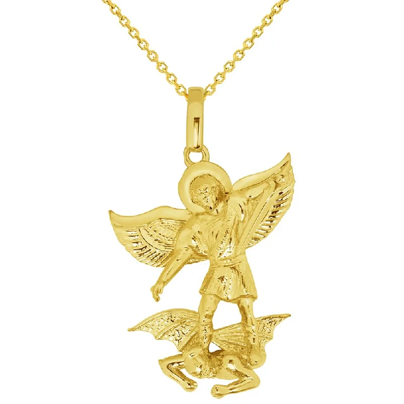 14k Yellow Gold Classic Saint Michael the Archangel Defeating Evil Pendant with Rolo Cable, Cuban Curb, or Figaro Chain Necklace