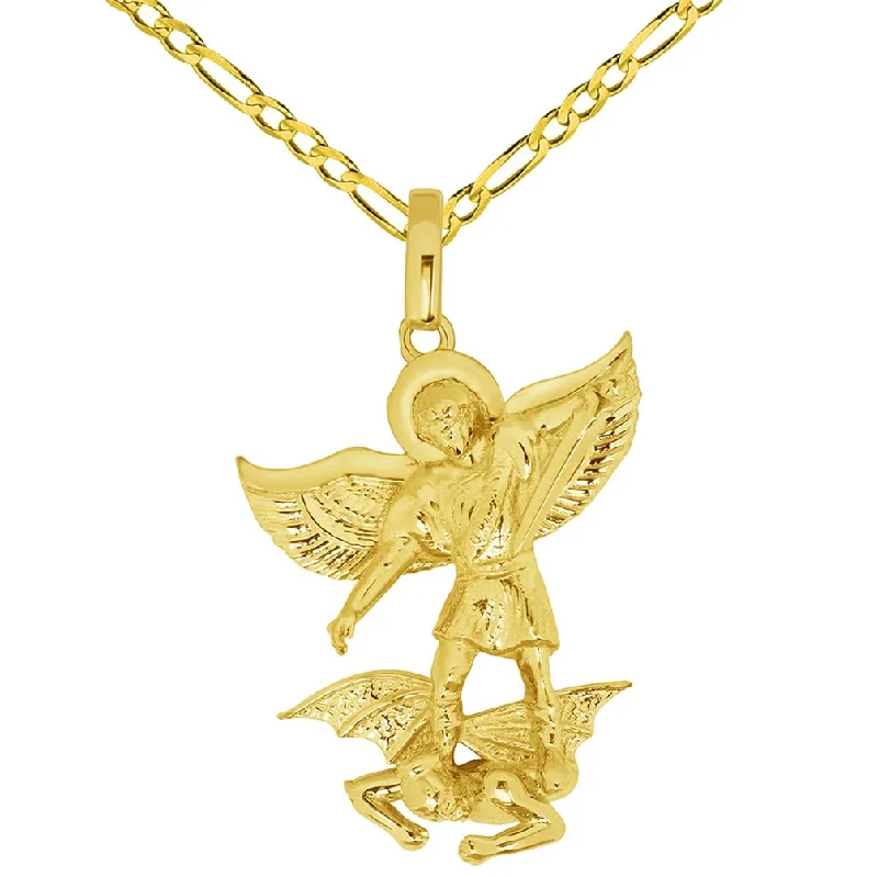 14k Yellow Gold Classic Saint Michael the Archangel Defeating Evil Pendant with Rolo Cable, Cuban Curb, or Figaro Chain Necklace