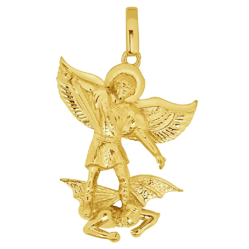 14k Yellow Gold Classic Saint Michael the Archangel Defeating Evil Pendant with Rolo Cable, Cuban Curb, or Figaro Chain Necklace