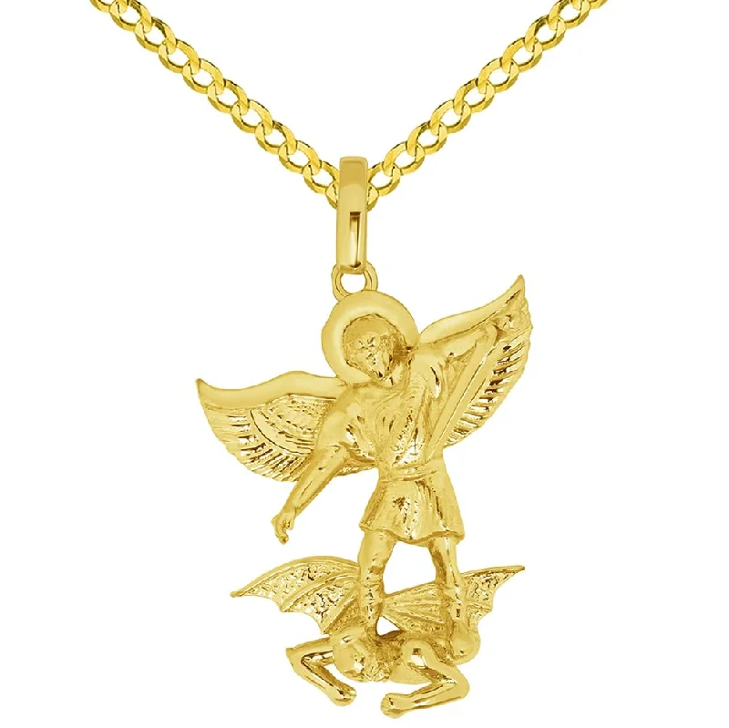 14k Yellow Gold Classic Saint Michael the Archangel Defeating Evil Pendant with Rolo Cable, Cuban Curb, or Figaro Chain Necklace