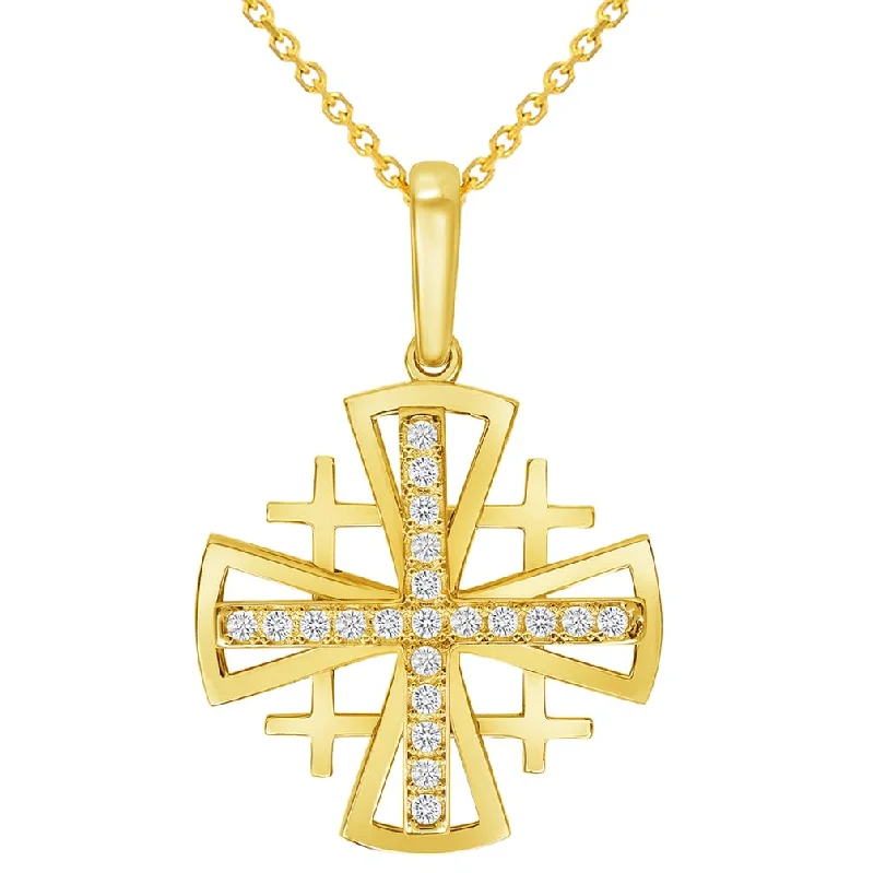 14k Yellow Gold Cubic-Zirconia Christian Crusaders Jerusalem Cross Pendant with Rolo Cable, Cuban Curb, or Figaro Chain Necklace