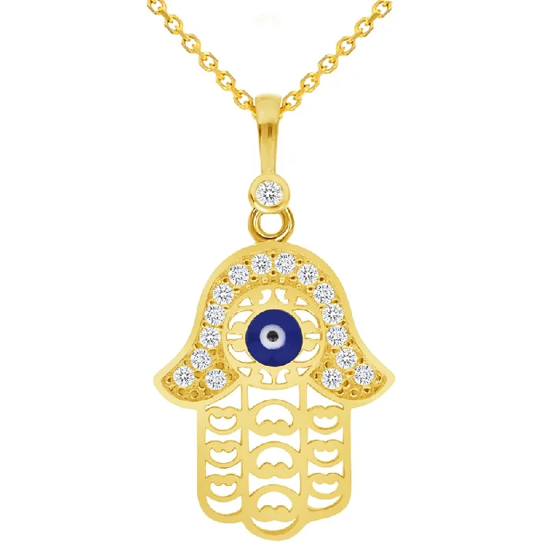 14k Yellow Gold Cubic-Zirconia Filigree Blue Evil Eye Charm Pendant with Rolo Cable, Cuban Curb, or Figaro Chain Necklace