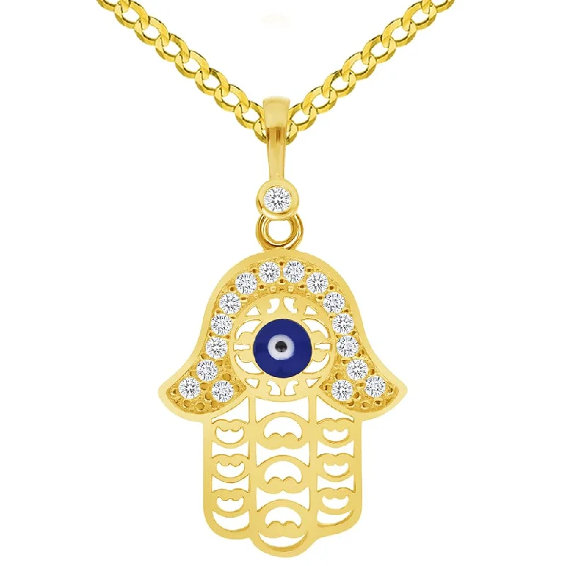 14k Yellow Gold Cubic-Zirconia Filigree Blue Evil Eye Charm Pendant with Rolo Cable, Cuban Curb, or Figaro Chain Necklace